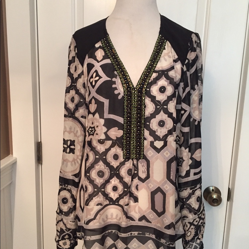 HALE BOB TOP V-NECK BEADED TUNIC BLACK GRAY WHITE SILK FLORAL SIZE S